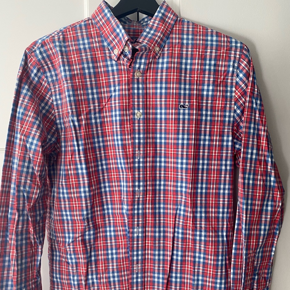 Vineyard Vines Whale Shirt button down. Boys size XL (18). Red & blue plaid